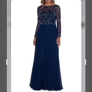 XSCAPE Long Sleeve Boatneck Sheer Illusion Beaded Chiffon Gown in Navy Size 16